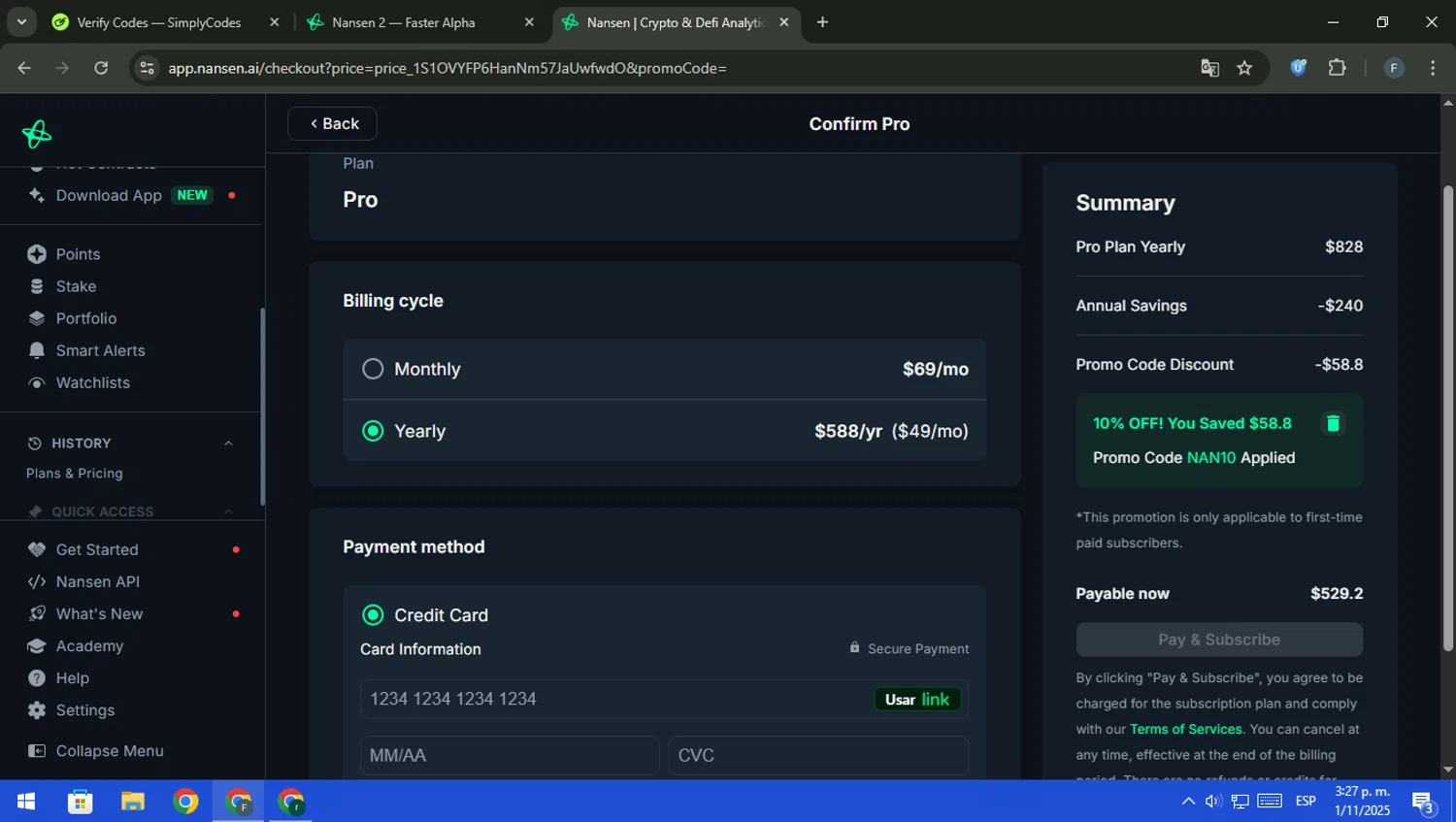 Nansen promo code screenshot showing code NAN10 applied at Nansen checkout page. Uploaded by SimplyCodes community member pajarito on Nov 1, 2025