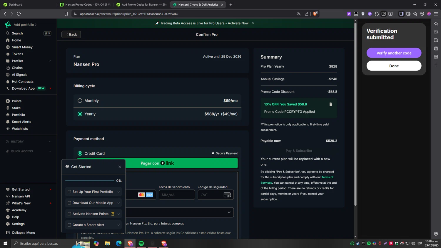 Nansen promo code screenshot showing code PCCRYPTO applied at Nansen checkout page. Uploaded by SimplyCodes community member Tragedy on Dec 29, 2025