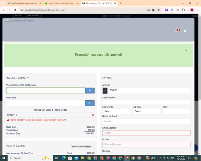 Nantahala Outdoor Center checkout page showing Nantahala Outdoor Center promo code box | Screenshot taken by SimplyCodes community member on Sep 25, 2024