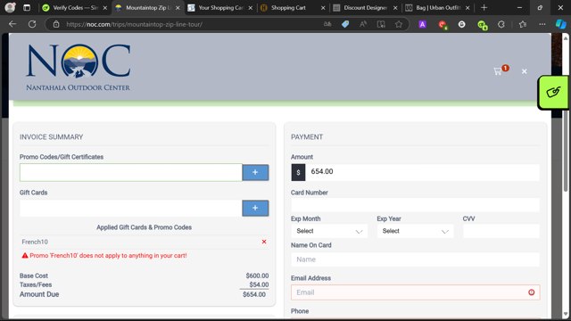 Nantahala Outdoor Center checkout page showing Nantahala Outdoor Center promo code box | Screenshot taken by SimplyCodes community member on Oct 24, 2024