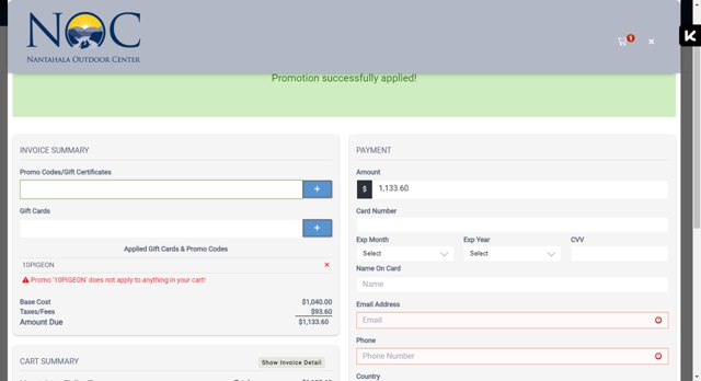 Nantahala Outdoor Center checkout page showing Nantahala Outdoor Center promo code box | Screenshot taken by SimplyCodes community member on Oct 24, 2024