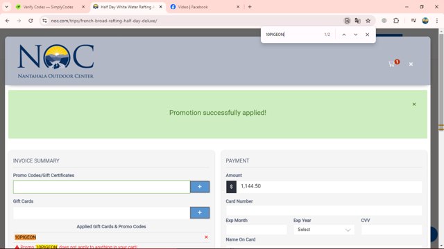 Nantahala Outdoor Center checkout page showing Nantahala Outdoor Center promo code box | Screenshot taken by SimplyCodes community member on Sep 25, 2024