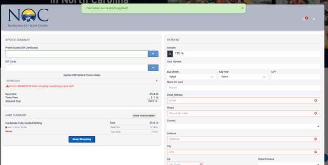 Nantahala Outdoor Center checkout page showing Nantahala Outdoor Center promo code box | Screenshot taken by SimplyCodes community member on Nov 15, 2024