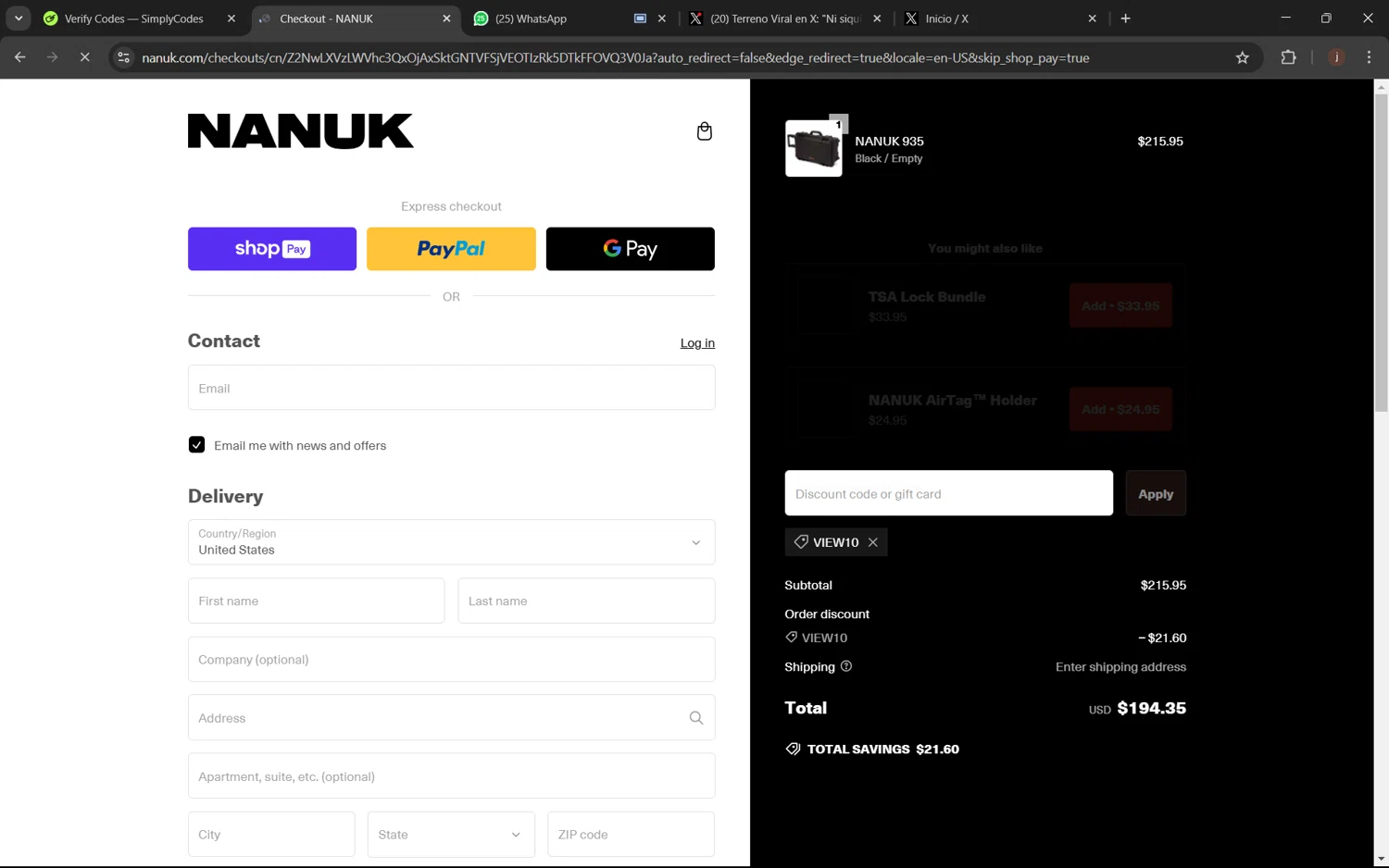 Nanuk Case promo code screenshot showing code VIEW10 applied at Nanuk Case checkout page. Uploaded by SimplyCodes community member juanx1702 on Feb 7, 2025