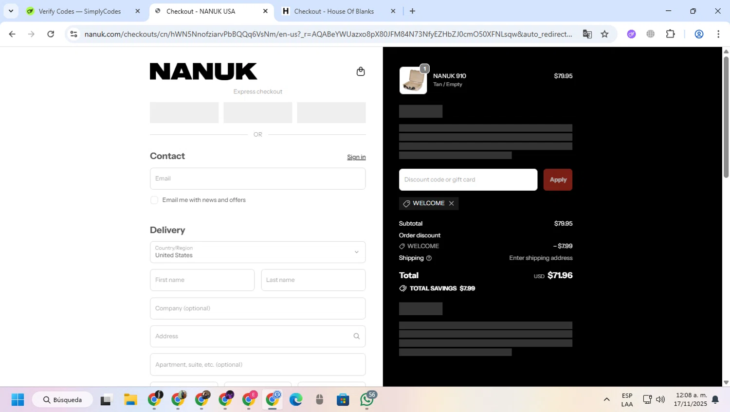 Nanuk Case promo code screenshot showing code WELCOME applied at Nanuk Case checkout page. Uploaded by SimplyCodes community member greulis on Nov 17, 2025