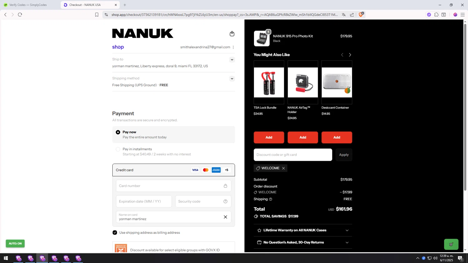 Nanuk Case promo code screenshot showing code WELCOME applied at Nanuk Case checkout page. Uploaded by SimplyCodes community member usercod909090 on Nov 6, 2025