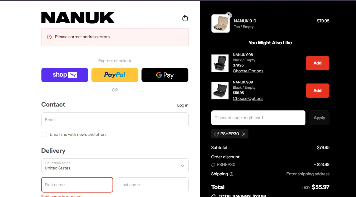 Nanuk Case promo code screenshot showing code PSHEP30 applied at Nanuk Case checkout page. Uploaded by SimplyCodes community member ashe1986 on Aug 27, 2025