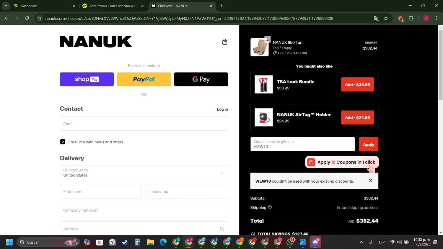 Nanuk Case promo code screenshot showing code VIEW10 applied at Nanuk Case checkout page. Uploaded by SimplyCodes community member FrugalFinder745 on Feb 7, 2025