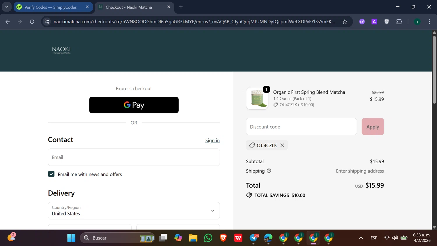 Naoki Matcha checkout page showing Naoki Matcha discount code box | Screenshot taken by SimplyCodes community member on Feb 4, 2026