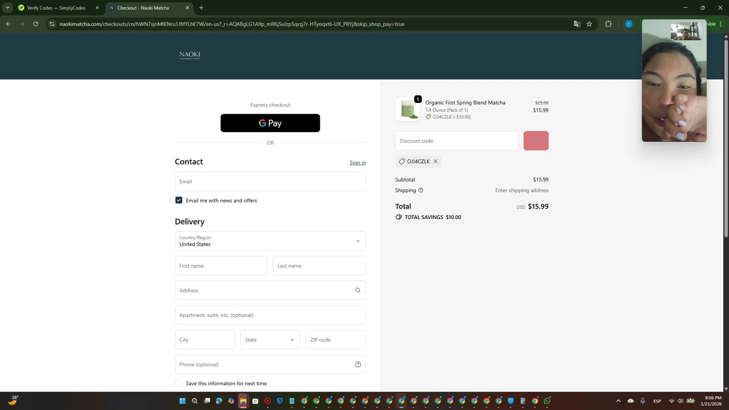 Naoki Matcha discount code screenshot showing code OJJ4CZLK applied at Naoki Matcha checkout page. Uploaded by SimplyCodes community member RewardVoyager146 on Jan 22, 2026