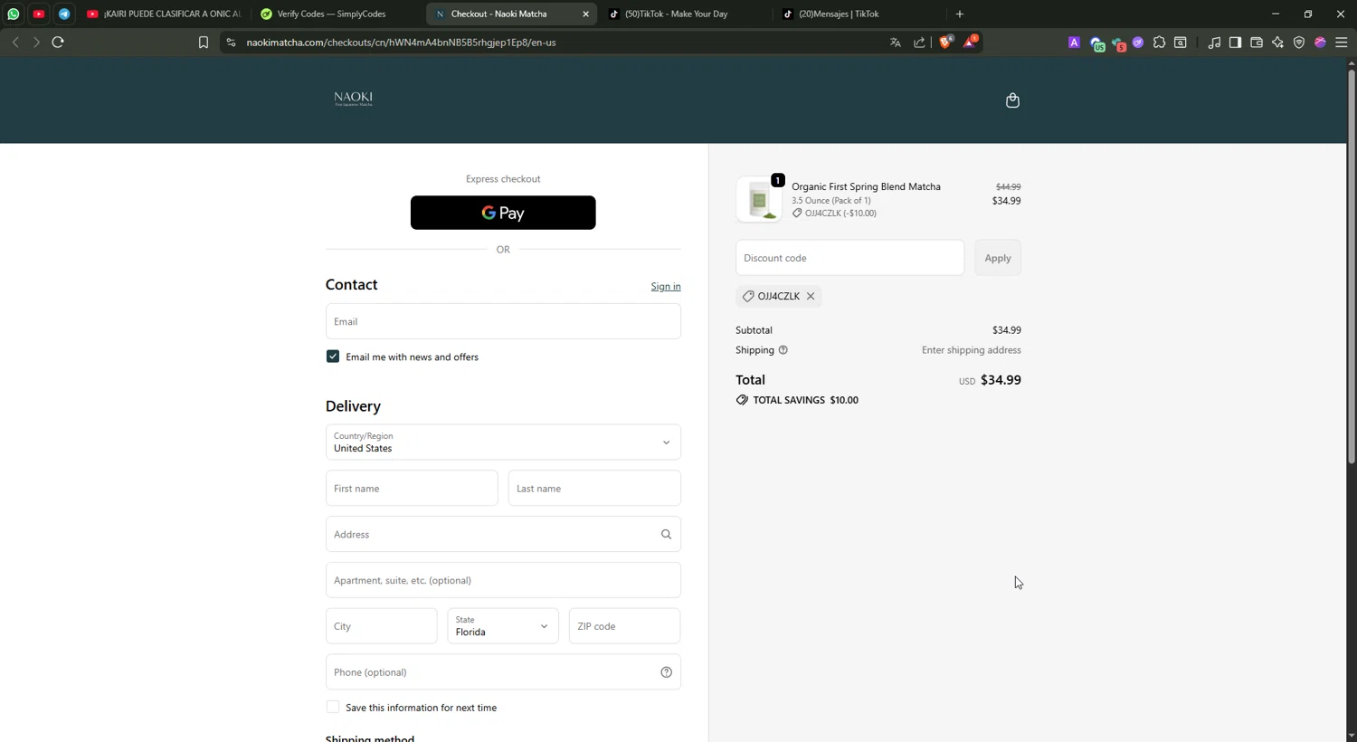 Naoki Matcha discount code screenshot showing code OJJ4CZLK applied at Naoki Matcha checkout page. Uploaded by SimplyCodes community member johnnybravo on Nov 1, 2025