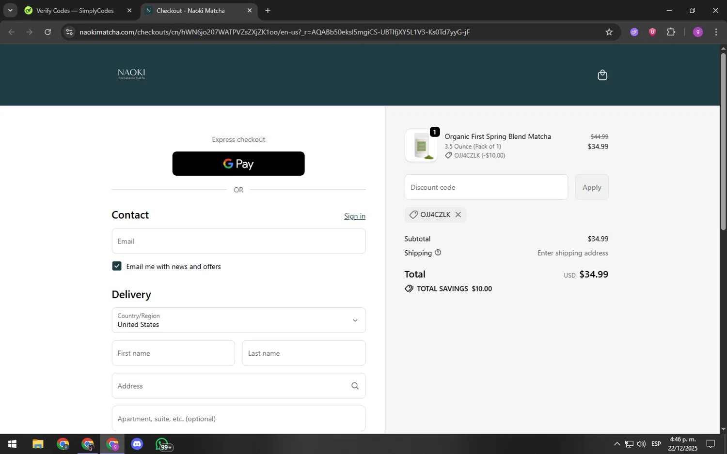 Naoki Matcha discount code screenshot showing code OJJ4CZLK applied at Naoki Matcha checkout page. Uploaded by SimplyCodes community member youngchecker on Dec 22, 2025