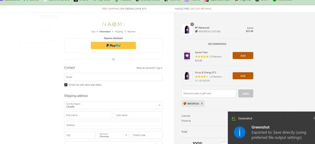 Naomi Whittel checkout page showing Naomi Whittel discount code box | Screenshot taken by SimplyCodes community member on Mar 10, 2024