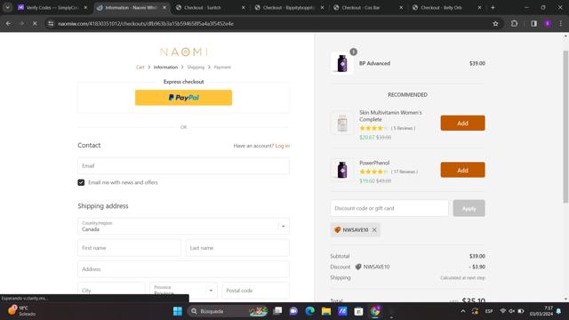 Naomi Whittel checkout page showing Naomi Whittel discount code box | Screenshot taken by SimplyCodes community member on Mar 3, 2024