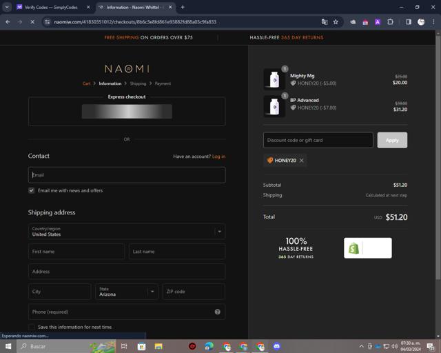 Naomi Whittel checkout page showing Naomi Whittel discount code box | Screenshot taken by SimplyCodes community member on Mar 4, 2024