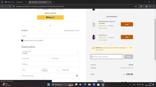 Naomi Whittel checkout page showing Naomi Whittel discount code box | Screenshot taken by SimplyCodes community member on Mar 4, 2024