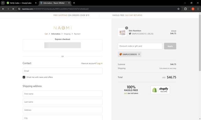 Naomi Whittel checkout page showing Naomi Whittel discount code box | Screenshot taken by SimplyCodes community member on May 9, 2024