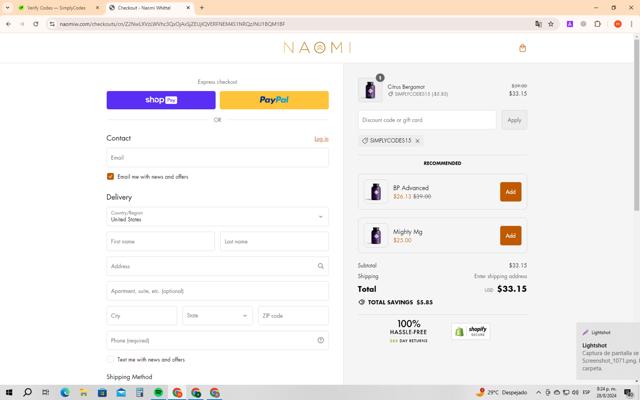 Naomi Whittel checkout page showing Naomi Whittel discount code box | Screenshot taken by SimplyCodes community member on Aug 29, 2024