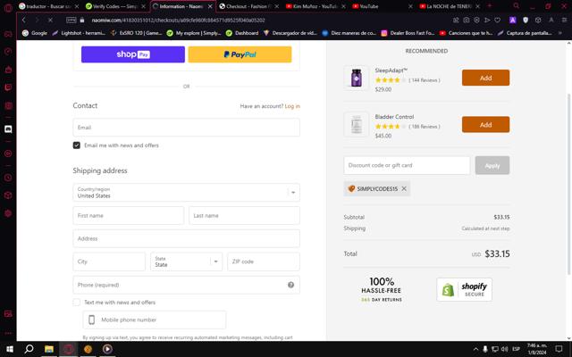 Naomi Whittel checkout page showing Naomi Whittel discount code box | Screenshot taken by SimplyCodes community member on Aug 1, 2024