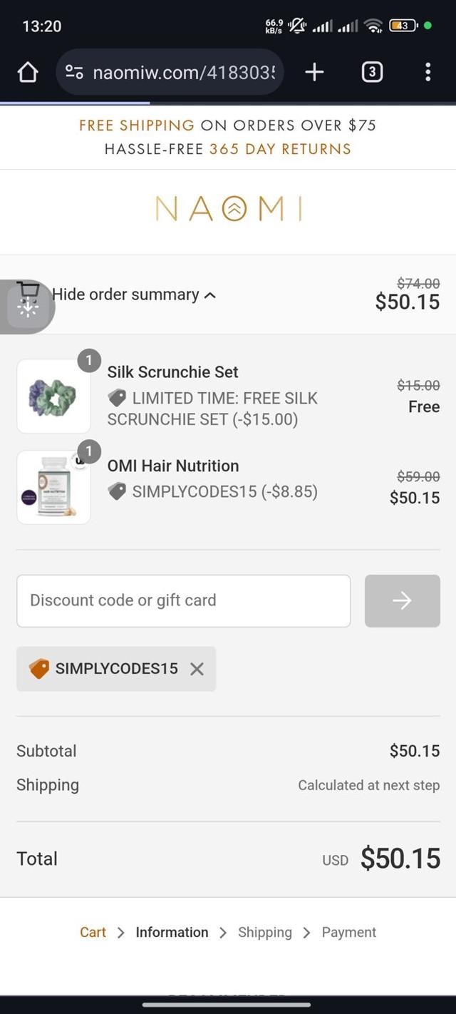 Naomi Whittel checkout page showing Naomi Whittel discount code box | Screenshot taken by SimplyCodes community member on Jun 25, 2024