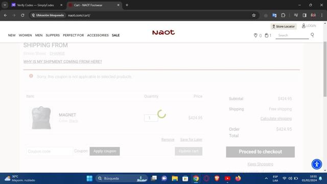 Naot checkout page showing Naot coupon code box | Screenshot taken by SimplyCodes community member on Feb 1, 2024