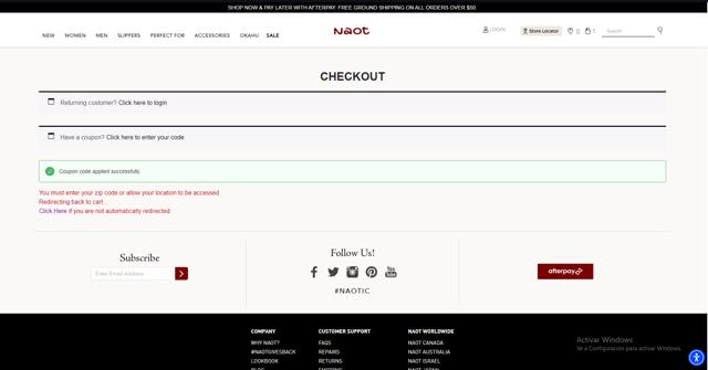Naot checkout page showing Naot coupon code box | Screenshot taken by SimplyCodes community member on May 9, 2024
