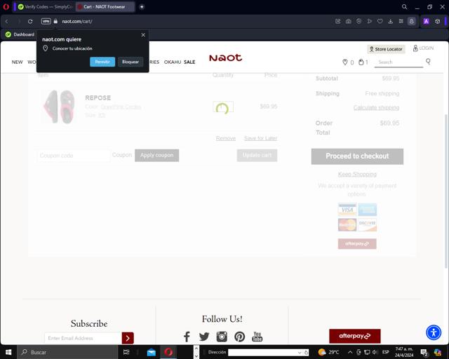 Naot checkout page showing Naot coupon code box | Screenshot taken by SimplyCodes community member on Apr 24, 2024