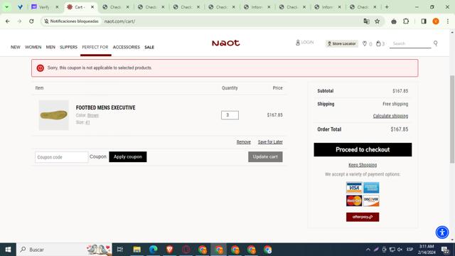 Naot checkout page showing Naot coupon code box | Screenshot taken by SimplyCodes community member on Feb 14, 2024