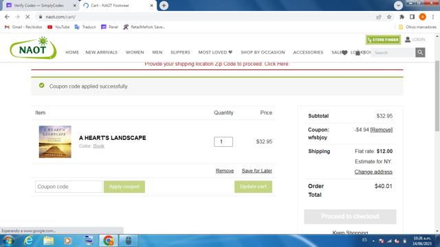 Naot checkout page showing Naot coupon code box | Screenshot taken by SimplyCodes community member on Jun 14, 2023
