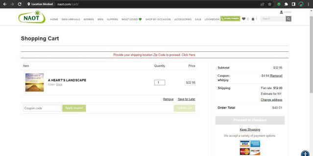 Naot checkout page showing Naot coupon code box | Screenshot taken by SimplyCodes community member on May 31, 2023