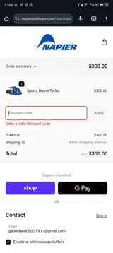 Napier Outdoors coupon verification screenshot
