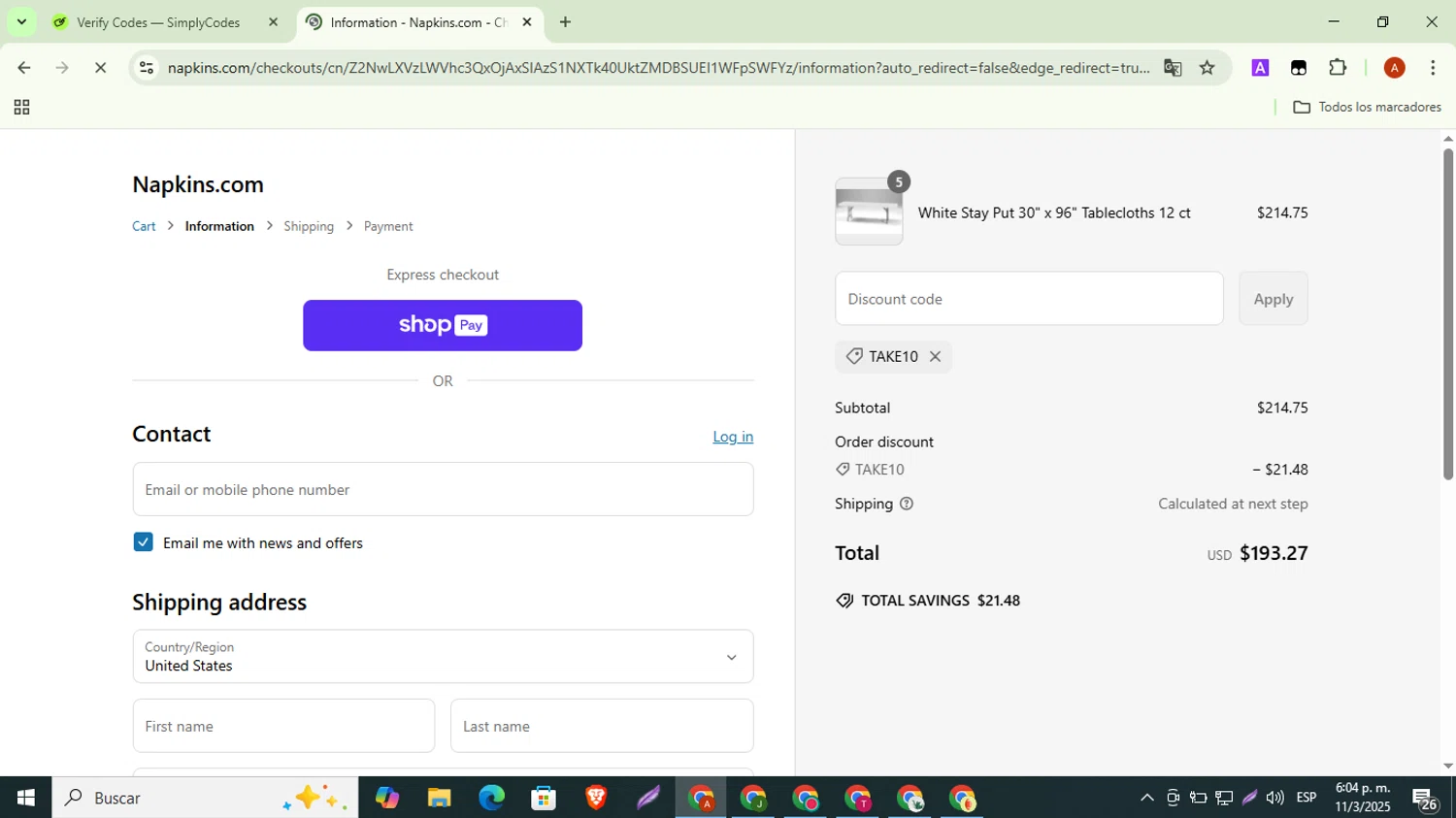 Napkins.com promo code screenshot showing code TAKE10 applied at Napkins.com checkout page. Uploaded by SimplyCodes community member BonusShopper323 on Mar 11, 2025