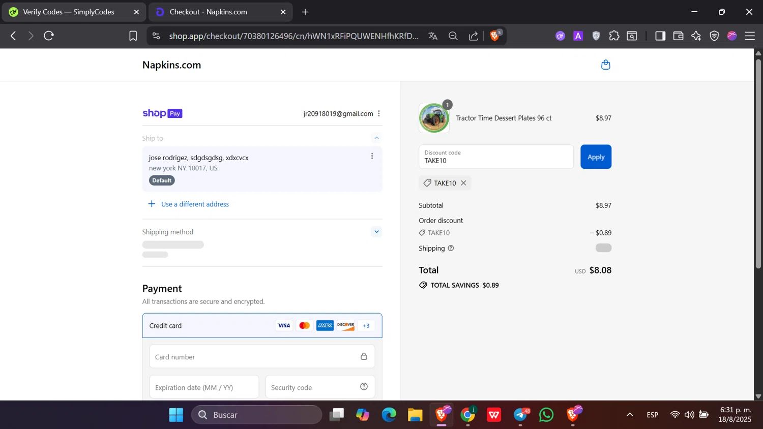 Napkins.com promo code screenshot showing code TAKE10 applied at Napkins.com checkout page. Uploaded by SimplyCodes community member hanzell2 on Aug 18, 2025