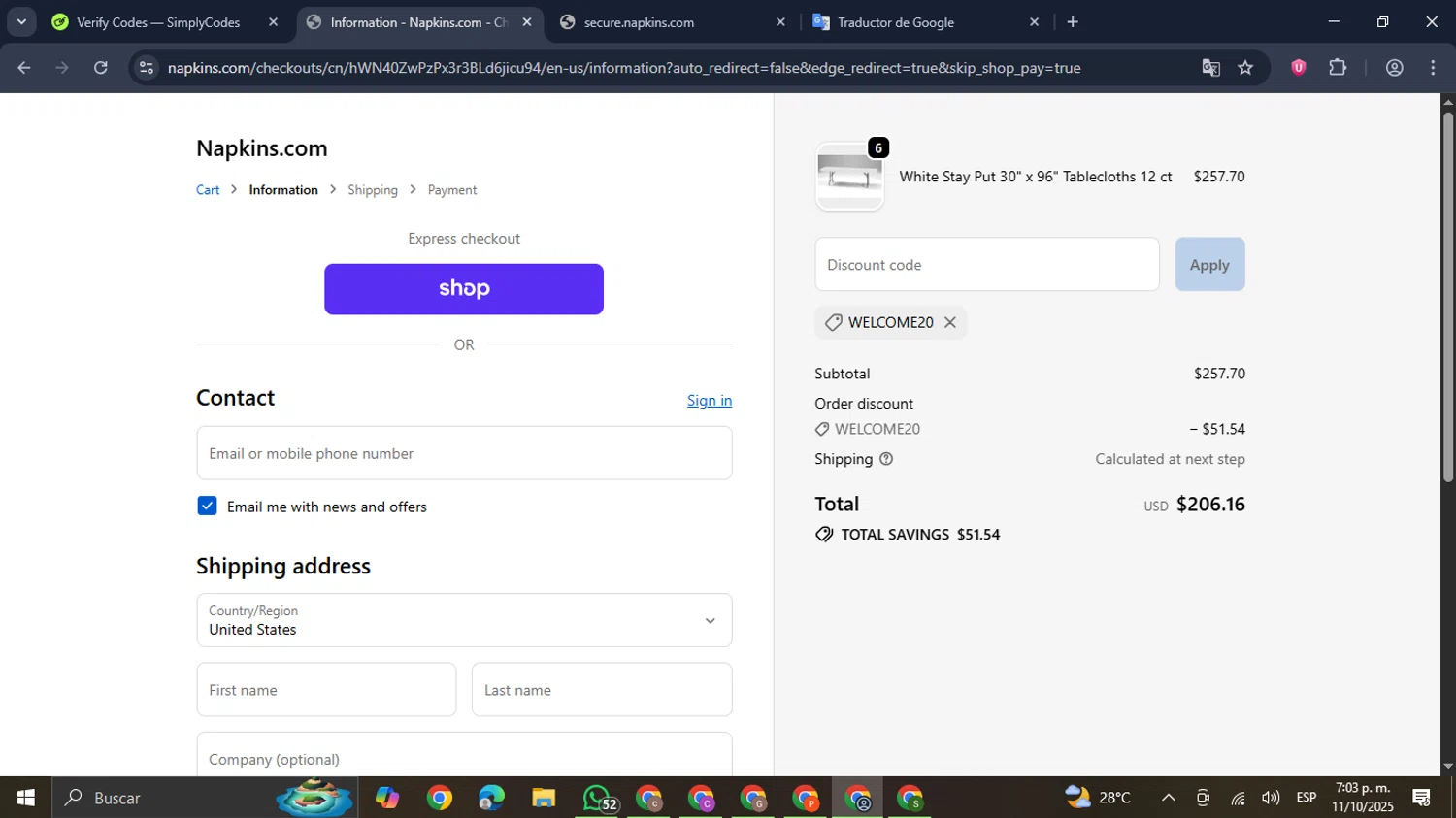 Napkins.com promo code screenshot showing code WELCOME20 applied at Napkins.com checkout page. Uploaded by SimplyCodes community member GloriousDefender7889 on Oct 11, 2025