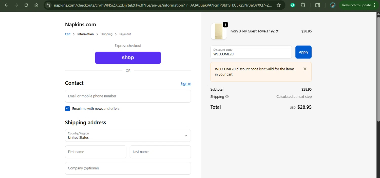 Napkins.com promo code screenshot showing code WELCOME20 applied at Napkins.com checkout page. Uploaded by SimplyCodes community member MariaCorinaMachado on Nov 25, 2025