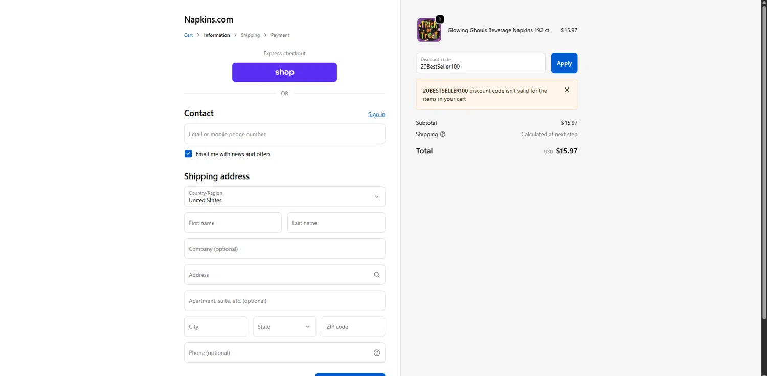 Napkins.com promo code screenshot showing code 20BestSeller100 applied at Napkins.com checkout page. Uploaded by SimplyCodes community member TreasureHero9595 on Oct 19, 2025