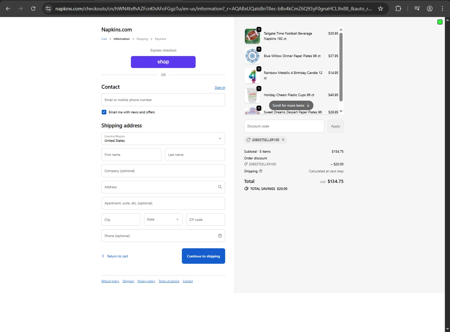 Napkins.com promo code screenshot showing code 20BestSeller100 applied at Napkins.com checkout page. Uploaded by SimplyCodes community member webopeluo on Nov 4, 2025