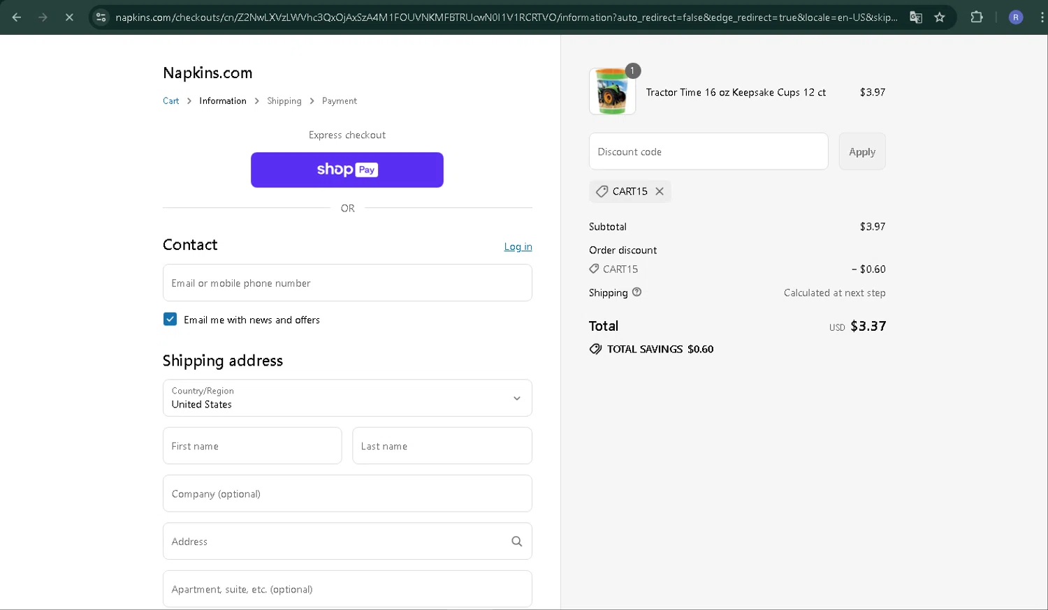 Napkins.com promo code screenshot showing code CART15 applied at Napkins.com checkout page. Uploaded by SimplyCodes community member CoinPilot9113 on Jul 15, 2025