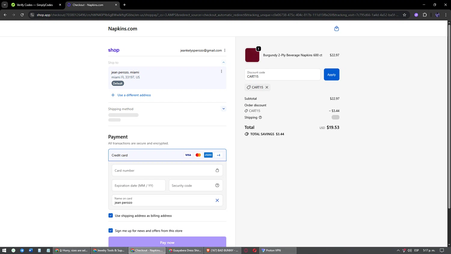 Napkins.com promo code screenshot showing code CART15 applied at Napkins.com checkout page. Uploaded by SimplyCodes community member jesuscondez on Oct 11, 2025