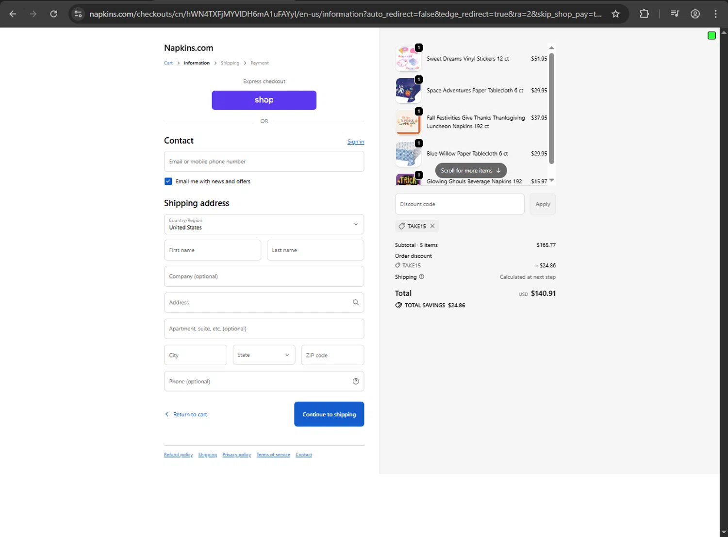 Napkins.com promo code screenshot showing code Take15 applied at Napkins.com checkout page. Uploaded by SimplyCodes community member anthonyramirez1 on Oct 24, 2025