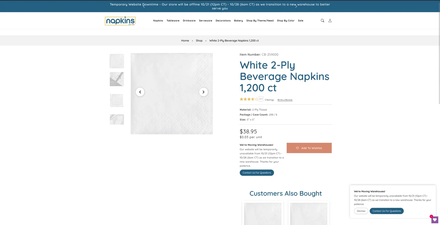 Napkins.com promo code screenshot showing code Take15 applied at Napkins.com checkout page. Uploaded by SimplyCodes community member bluemoony on Oct 24, 2025