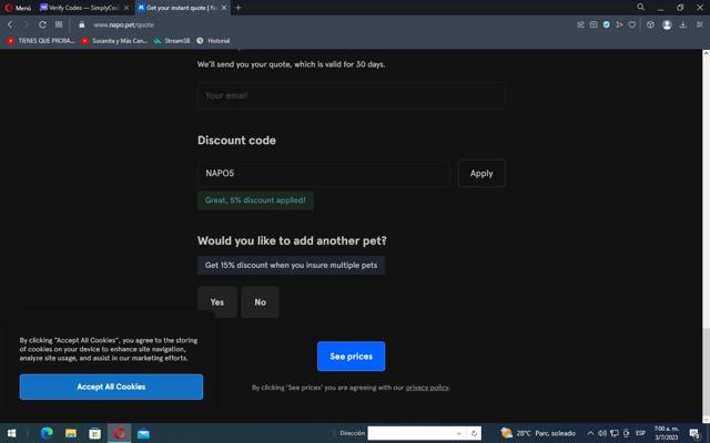 Napo Pet Insurance checkout page showing Napo Pet Insurance promo code box | Screenshot taken by SimplyCodes community member on Jul 3, 2023