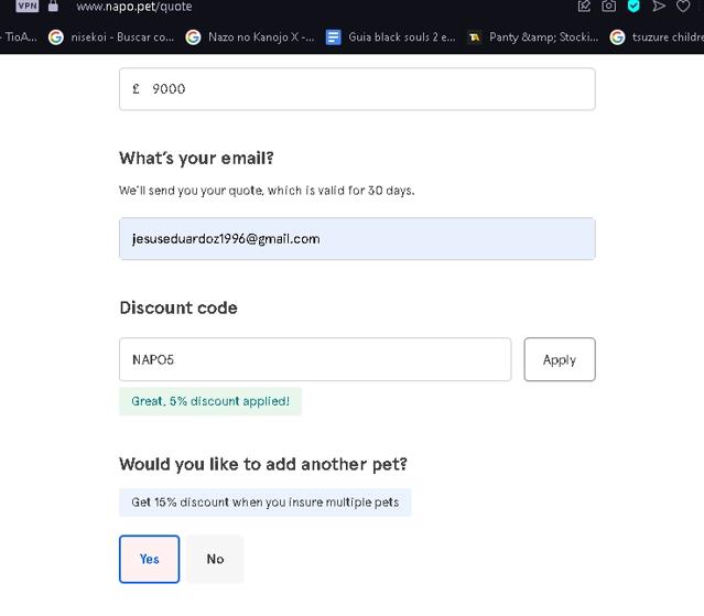 Napo Pet Insurance checkout page showing Napo Pet Insurance promo code box | Screenshot taken by SimplyCodes community member on Feb 8, 2023