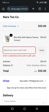 Nara Tea Co coupon verification screenshot