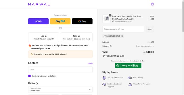 Narwal Robotics checkout page showing Narwal Robotics promo code box | Screenshot taken by SimplyCodes community member on Sep 1, 2025