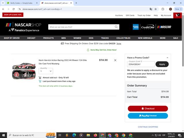 Nascar checkout page showing Nascar coupon code box | Screenshot taken by SimplyCodes community member on Sep 3, 2025