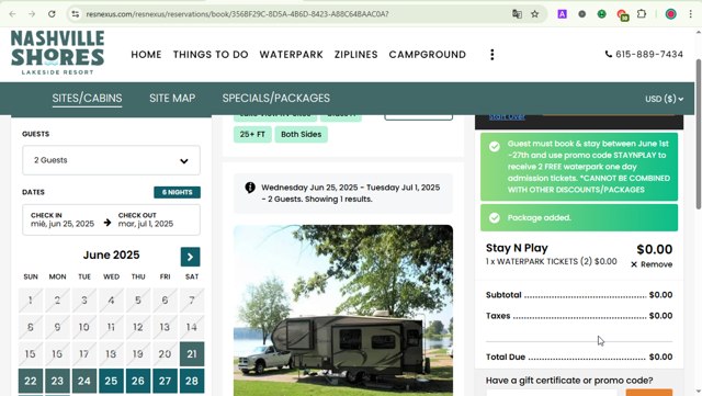 Nashville Shores checkout page showing Nashville Shores coupon code box | Screenshot taken by SimplyCodes community member on Jun 21, 2025