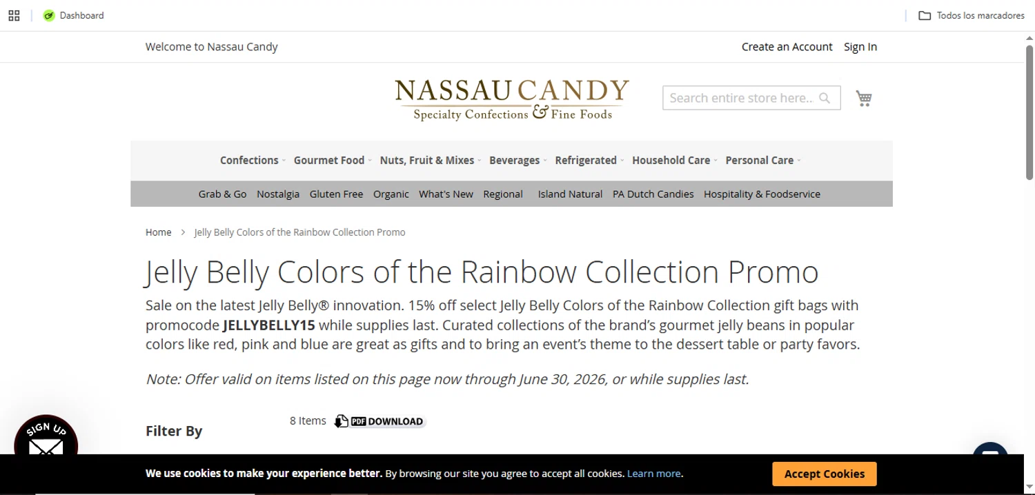 Nassau Candy promo code screenshot showing code JELLYBELLY15 applied at Nassau Candy checkout page. Uploaded by SimplyCodes community member Speedy on Jun 12, 2026
