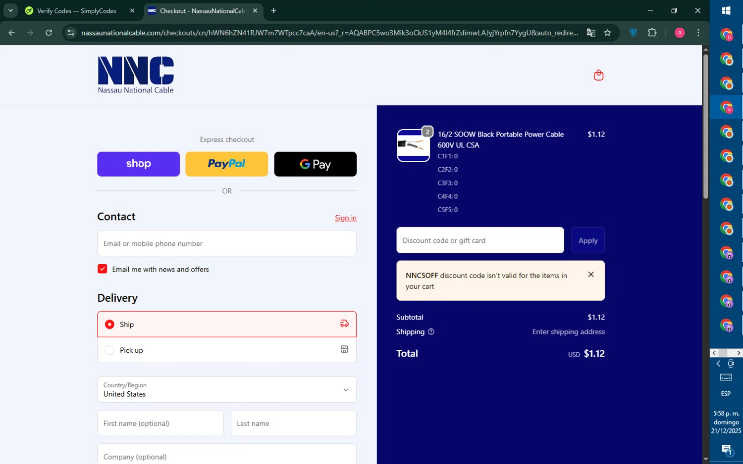 Nassau National Cable promo code screenshot showing code NNC5OFF applied at Nassau National Cable checkout page. Uploaded by SimplyCodes community member RebateNavigator926 on Dec 21, 2025