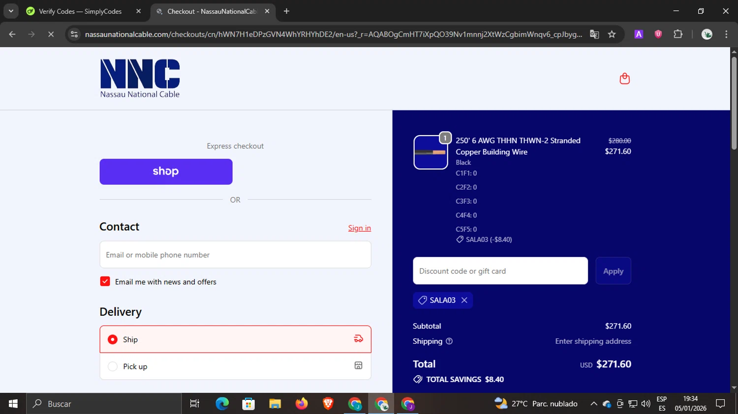 Nassau National Cable promo code screenshot showing code SALA03 applied at Nassau National Cable checkout page. Uploaded by SimplyCodes community member underwater on Jan 5, 2026
